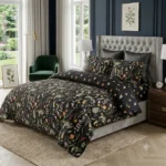 Luxury Black Floral Printed Bed Sheet with 2 Pillow Covers