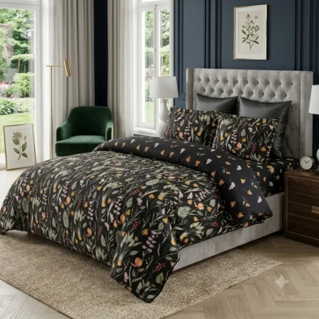 Luxury Black Floral Printed Bed Sheet with 2 Pillow Covers
