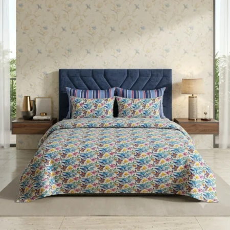 Midnight Blue Velvet Floral Bedding Set with Matching Pillow Covers