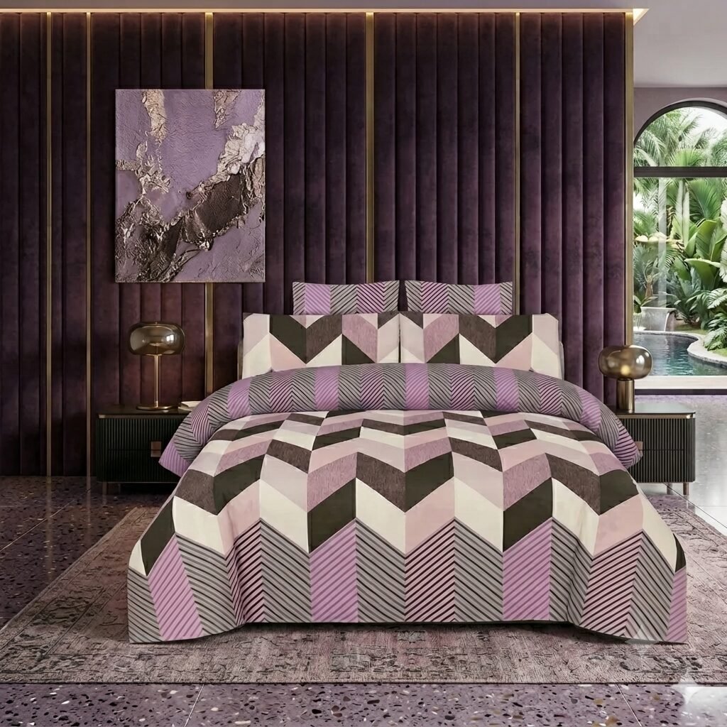Purple Printed Bed Sheet With 2 Pillow Covers Purple Printed Bed Sheet With 2 Pillow Covers
