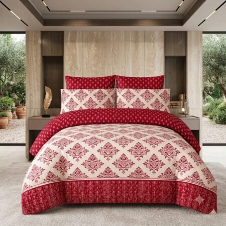 Red White Printed Bed Sheet With 2 Pillow Covers