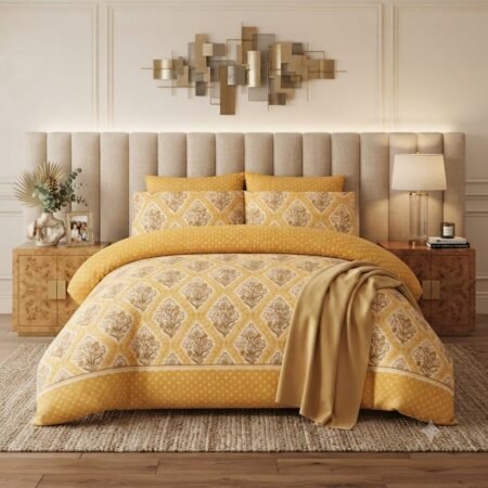 Yellow Printed Bed Sheet With 2 Pillow Covers