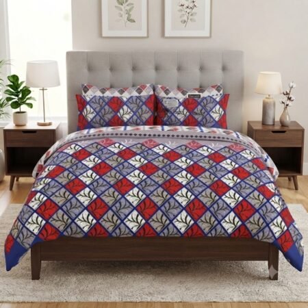 Blue & Red Patterned Bed Set with Pillow Covers