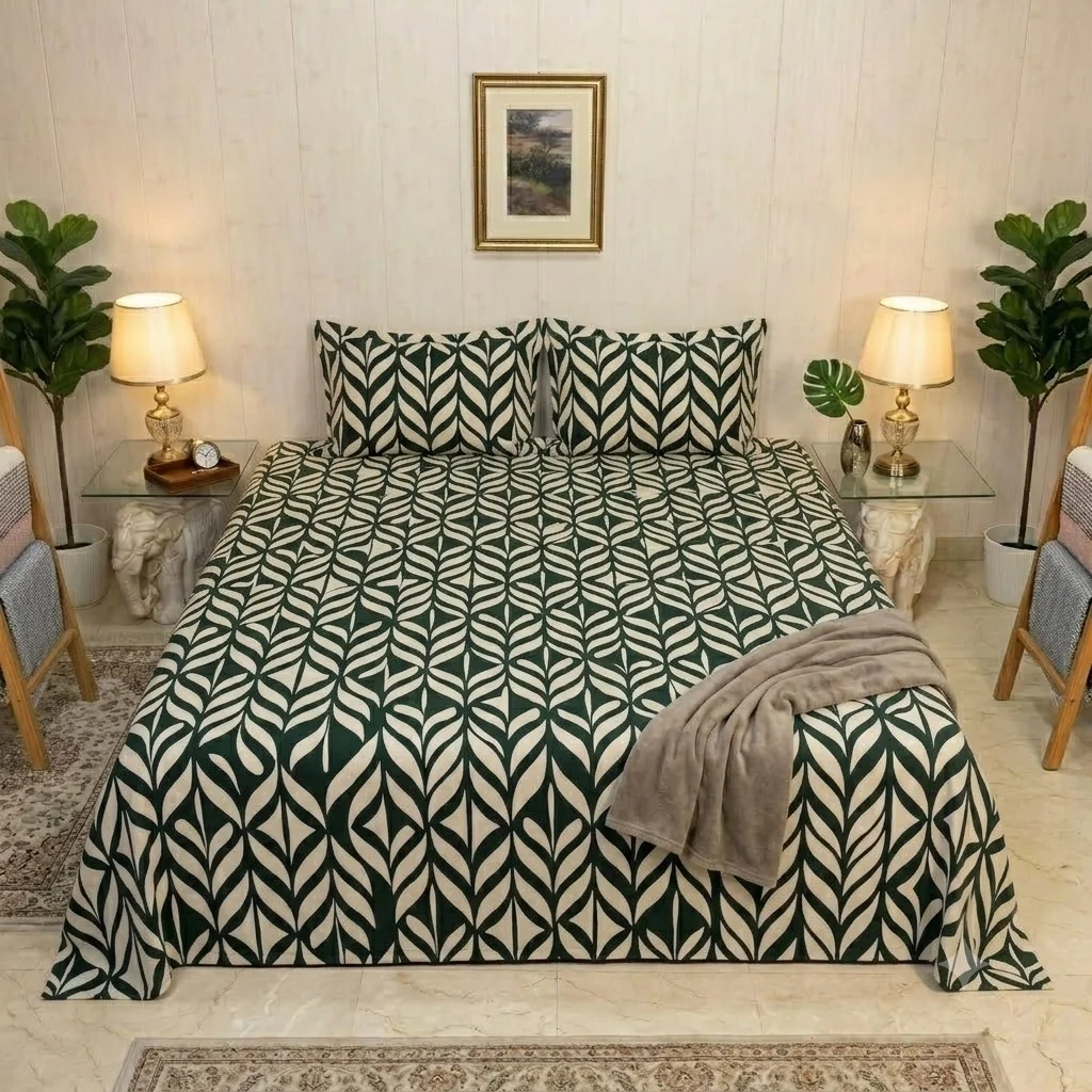 Minimalist Monochrome Leaf Bedding Set Dark Green Leaf Pattern Design Bedsheet