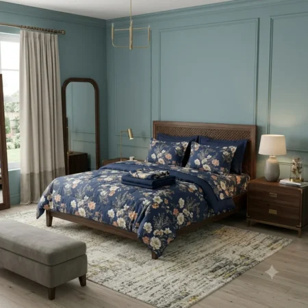 Royal Navy Blue Floral Cotton Bed Sheet with 2 Pillow Covers