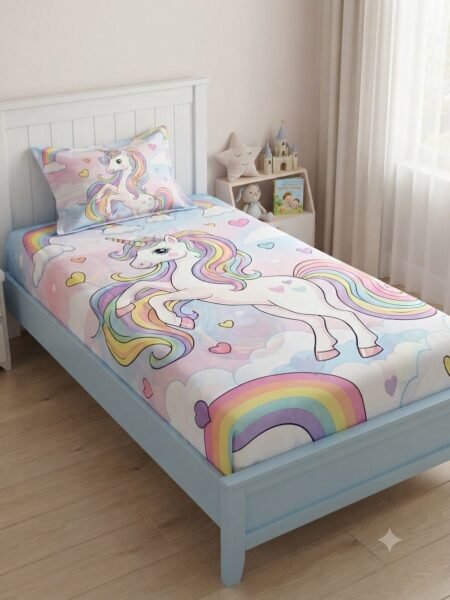 Magical Rainbow Unicorn Dream Kids Single Bed Sheet & Pillowcase Set