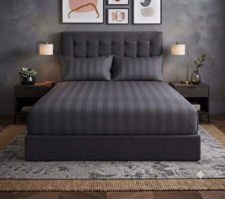Plain Dark Grey Stripe Fitted Bed Sheet With 2 Pillow Covers
