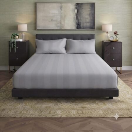 Plain Light Grey Stripe Fitted Bed Sheet With 2 Pillow Covers