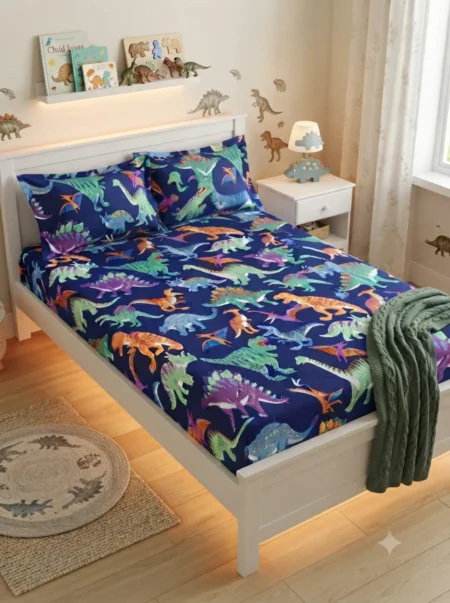 Playful Dino-Print Cotton Bed Sheet