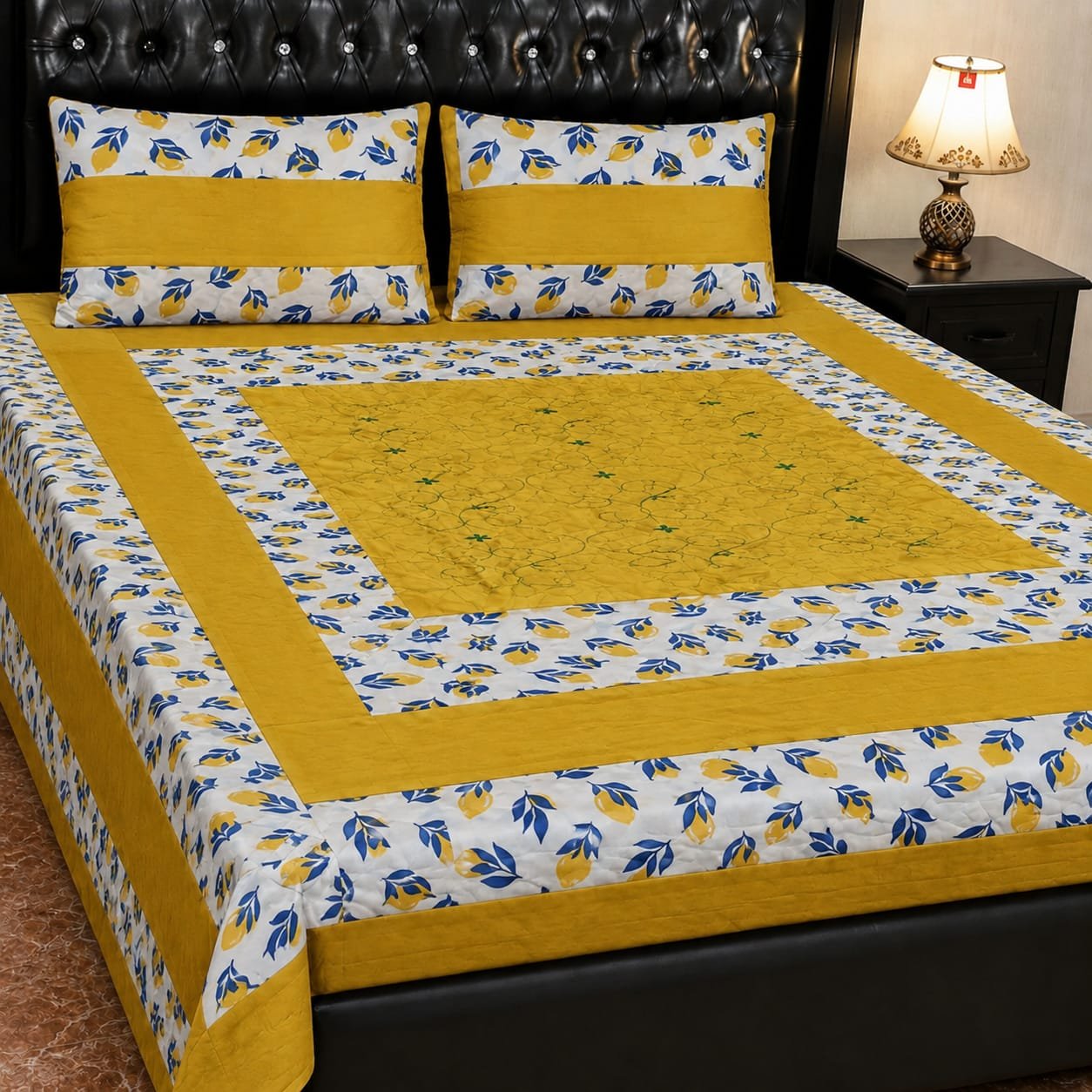 Printed Patchwork Embroidered Bed Sheet GN Design (1) Printed Patchwork Embroidered Bed Sheet GN Design