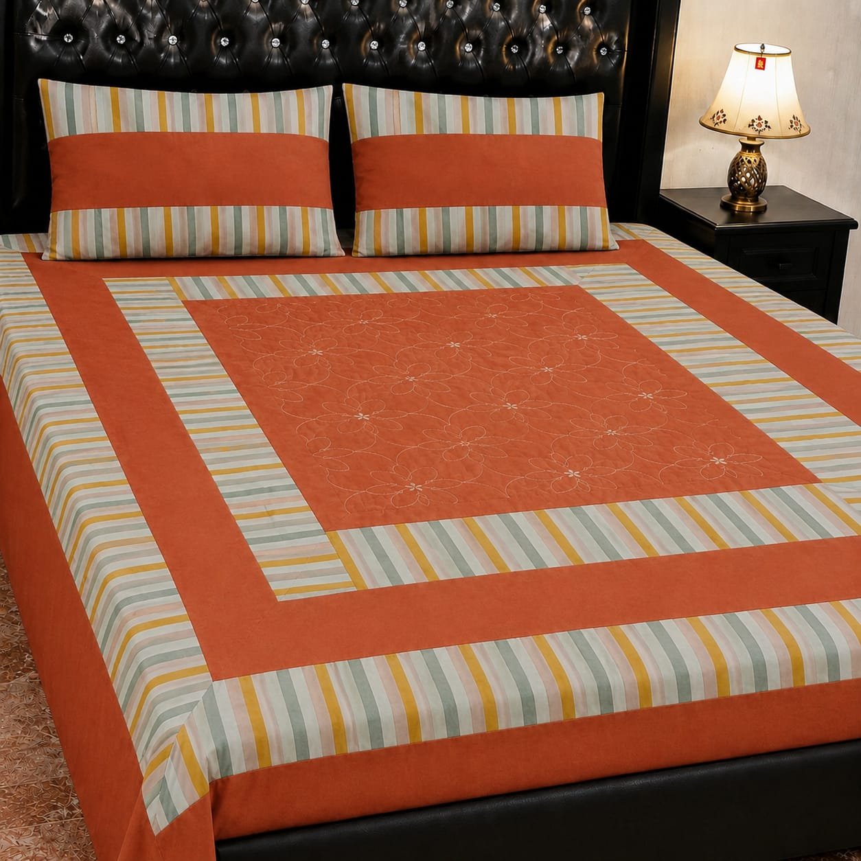 Printed Patchwork Embroidered Bed Sheet GN Design (10) Printed Patchwork Embroidered Bed Sheet GN Design