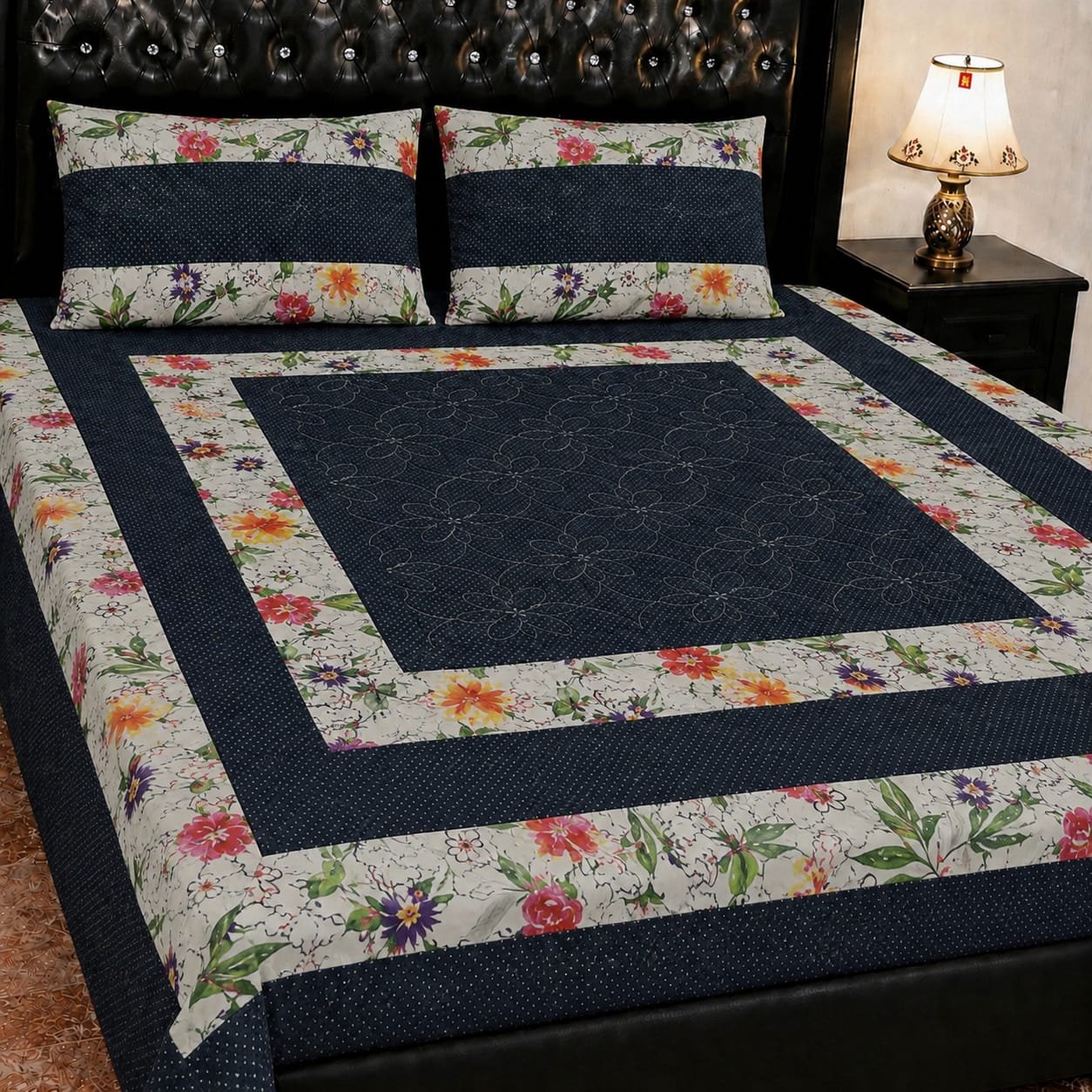 Printed Patchwork Embroidered Bed Sheet GN Design (11) Printed Patchwork Embroidered Bed Sheet GN Design
