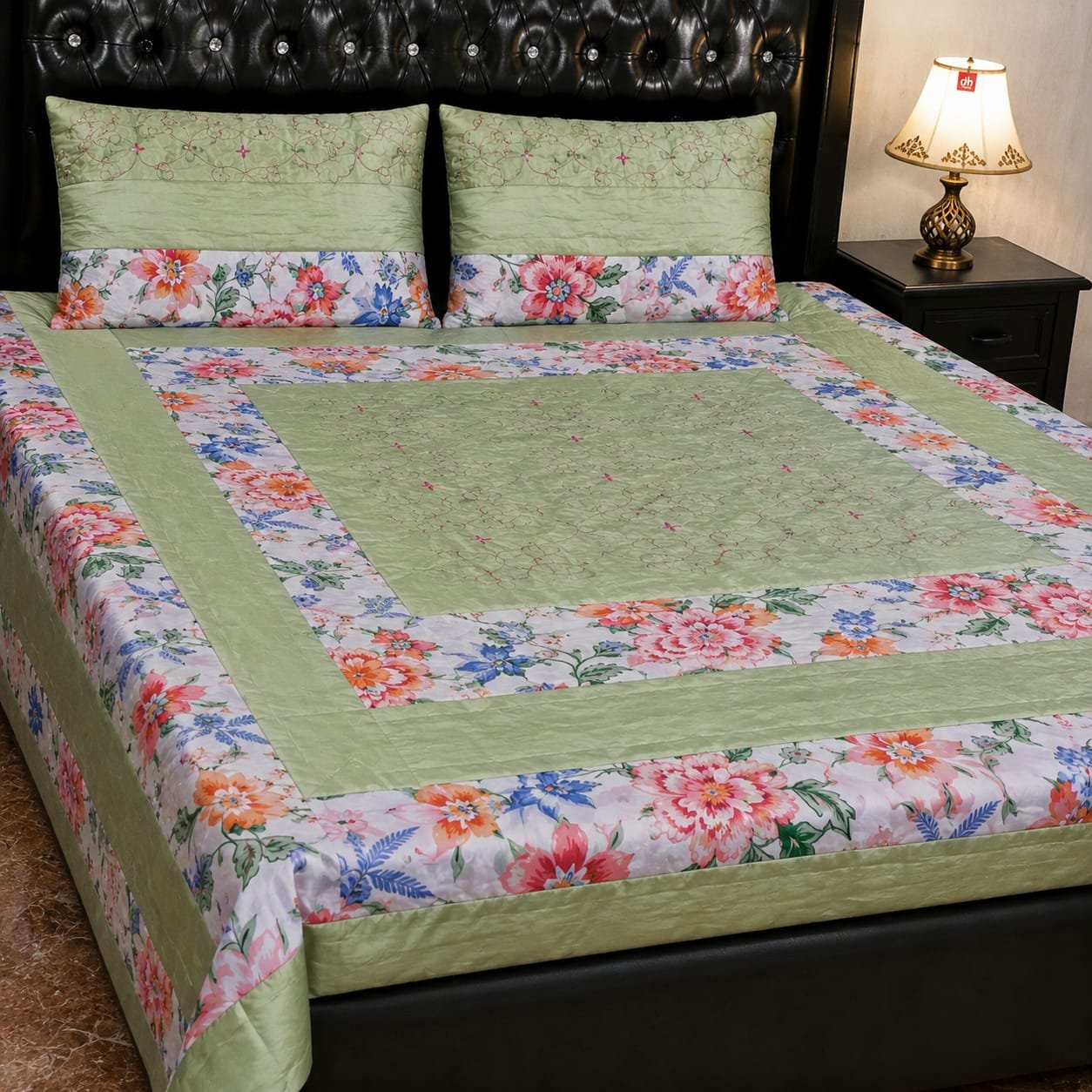 Printed Patchwork Embroidered Bed Sheet GN Design (16) Printed Patchwork Embroidered Bed Sheet GN Design