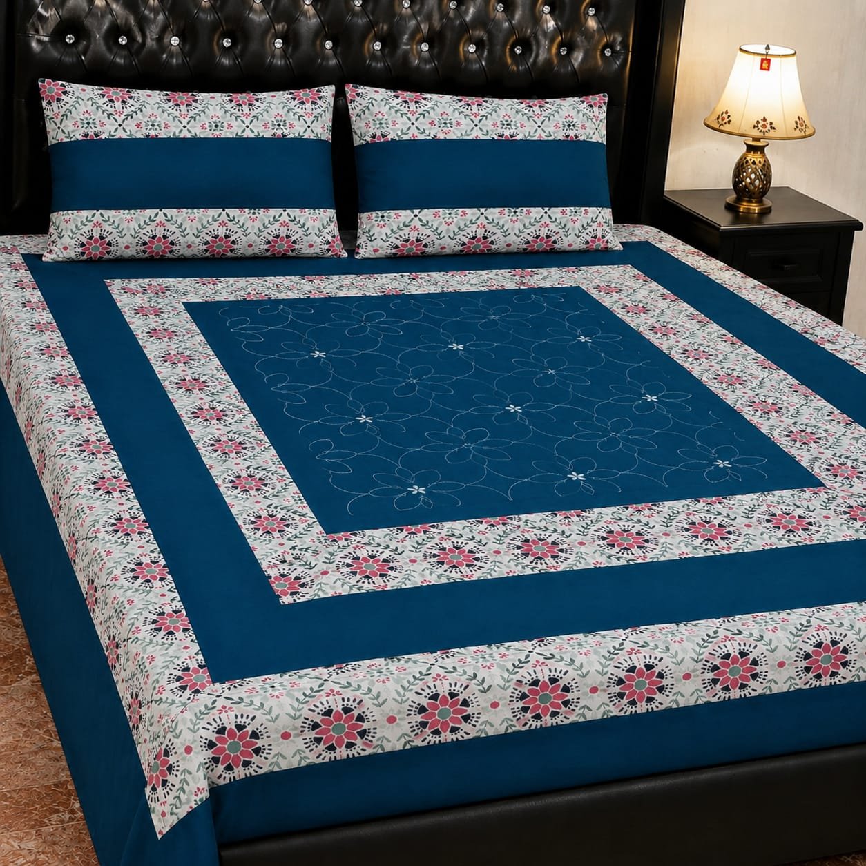 Printed Patchwork Embroidered Bed Sheet GN Design (2) Printed Patchwork Embroidered Bed Sheet GN Design