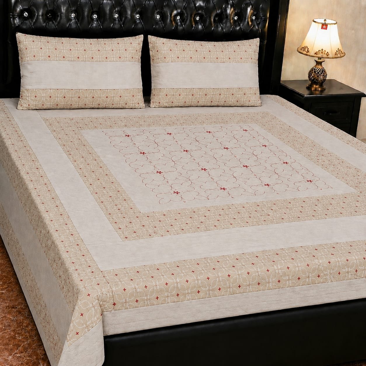 Printed Patchwork Embroidered Bed Sheet GN Design (23) Printed Patchwork Embroidered Bed Sheet GN Design
