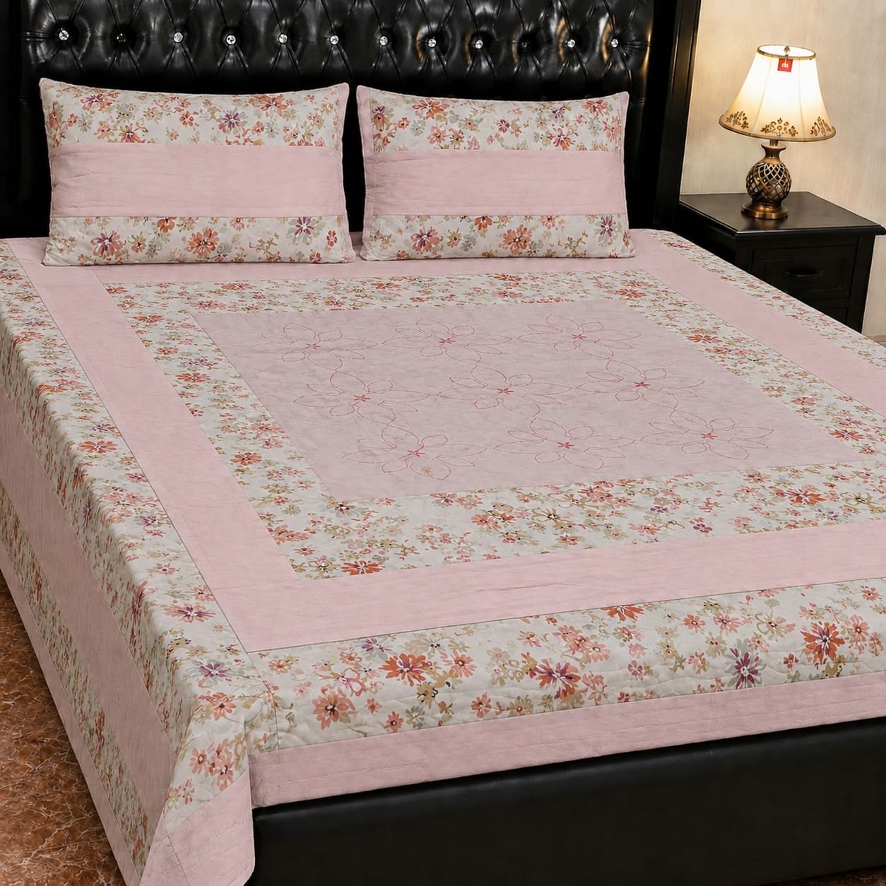 Printed Patchwork Embroidered Bed Sheet GN Design (3) Printed Patchwork Embroidered Bed Sheet GN Design