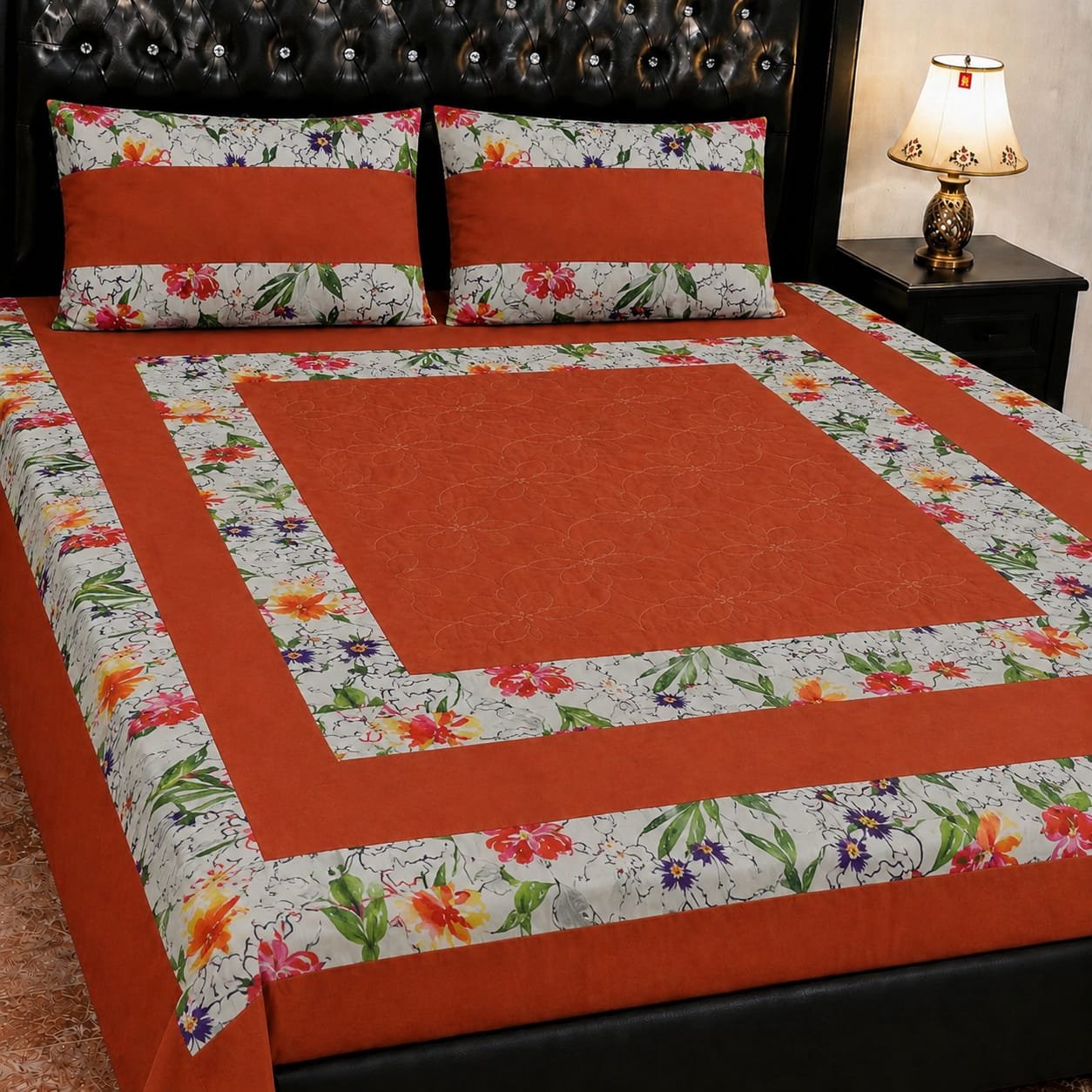 Printed Patchwork Embroidered Bed Sheet GN Design (5) Printed Patchwork Embroidered Bed Sheet GN Design