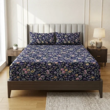 Royal Navy Blue Floral Cotton Bed Sheet S