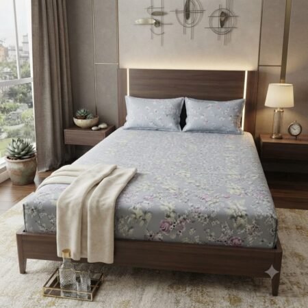 Soft Blue Floral Printed Bed Sheet
