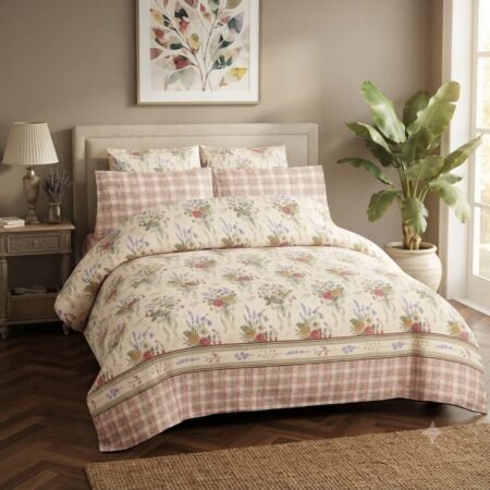 Soft Peach & Check Bedding Set