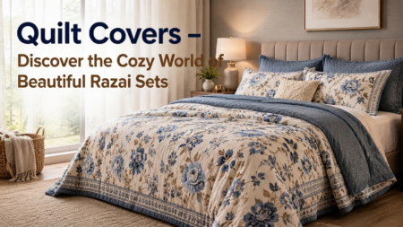 Cozy bedroom featuring a floral quilt cover and matching razai set on a neatly made bed