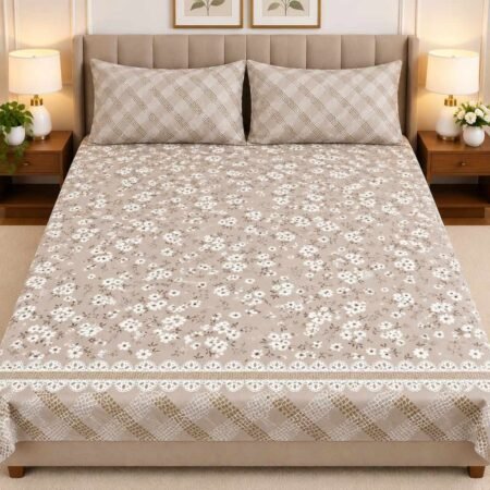 Beige Floral Printed Bed Sheet Set