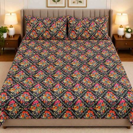 Black Floral Printed Bed Sheet Set