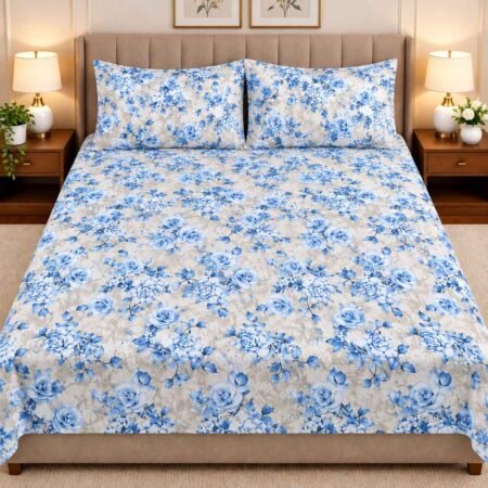 Blue Floral Rose Printed Bed Sheet Set