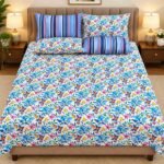 Blue Floral Stripe Printed Bedsheet Set