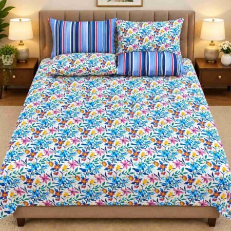 Blue Floral Stripe Printed Bed Sheet Set