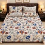Blue Orange Floral Printed Bed Sheet Set