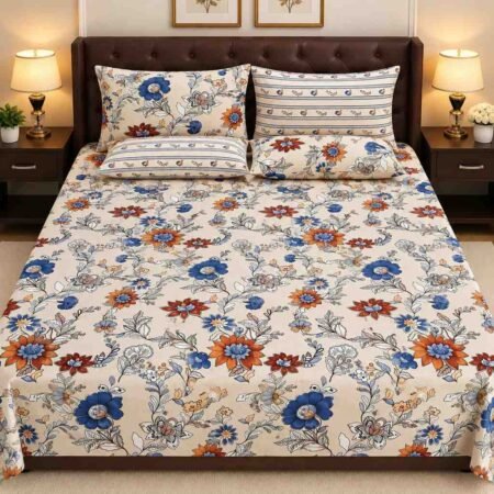 Blue Orange Floral Printed Bed Sheet Set