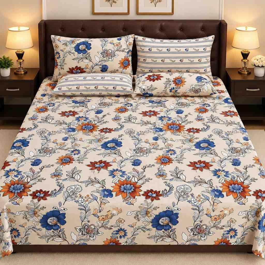 Blue Orange Floral Printed Bed Sheet Set Blue Orange Floral Printed Bed Sheet Set