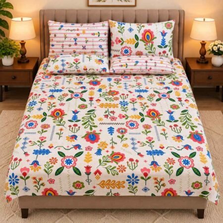 Colorful Floral Embroidery Style Printed Bed Sheet