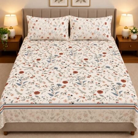 Cream Floral Printed Bed Sheet