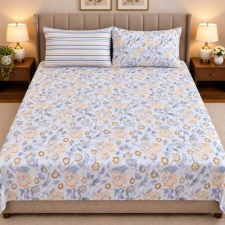 Elegant Blue Floral Printed Bed Sheet Set