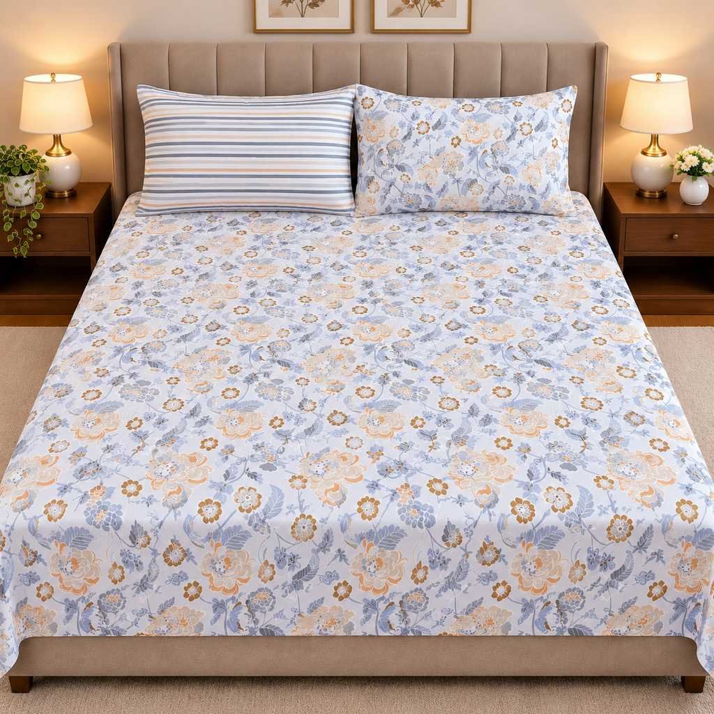 Elegant Blue Floral Printed Bedsheet Set Elegant Blue Floral Printed Bed Sheet Set