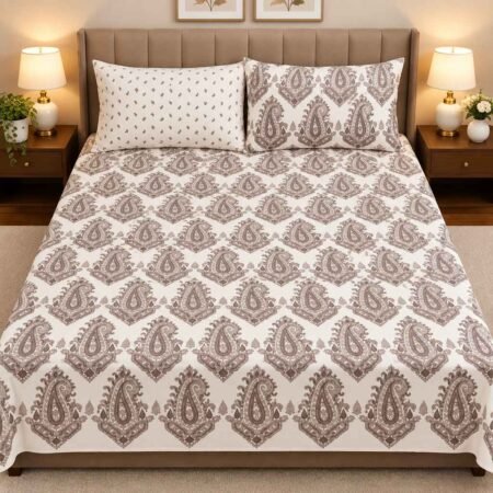 Elegant Brown Paisley Printed Bed Sheet Set