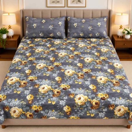 Grey Floral Printed Bed Sheet Set