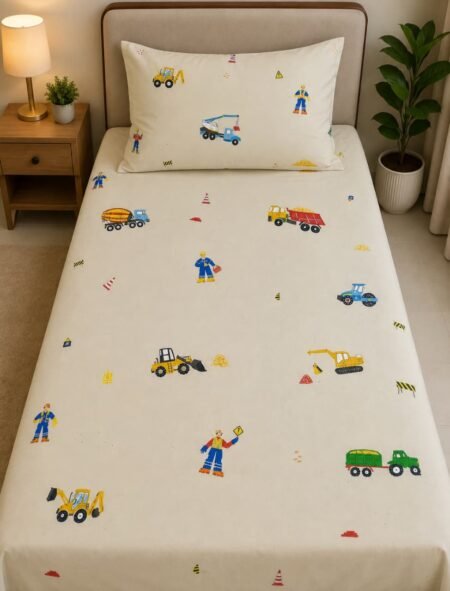 Kids Construction Vehicles Print Cotton Single Bed Sheet Set
