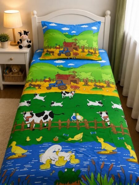 Kids Farm Animal Printed Bed Sheet Set – Tractor, Cow & Duck Design