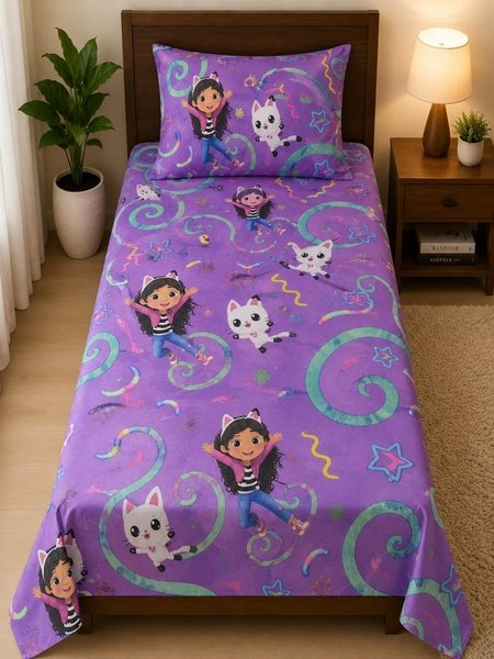 Kids Girl & Cat Printed Bed Sheet Set – Purple Cartoon Design