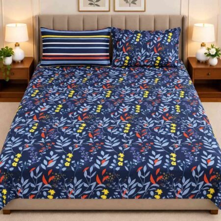 Navy Blue Floral Printed Bed Sheet Set