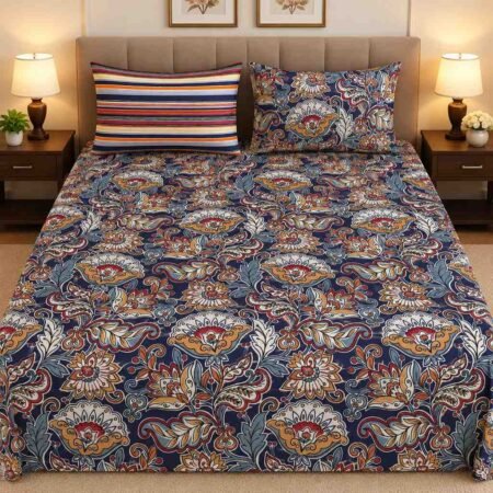Navy Paisley Printed Bed Sheet Set
