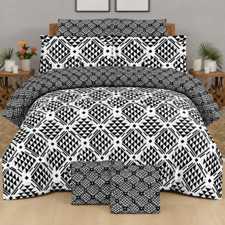 Premium Black & White Printed Bedsheet – Geometric Design