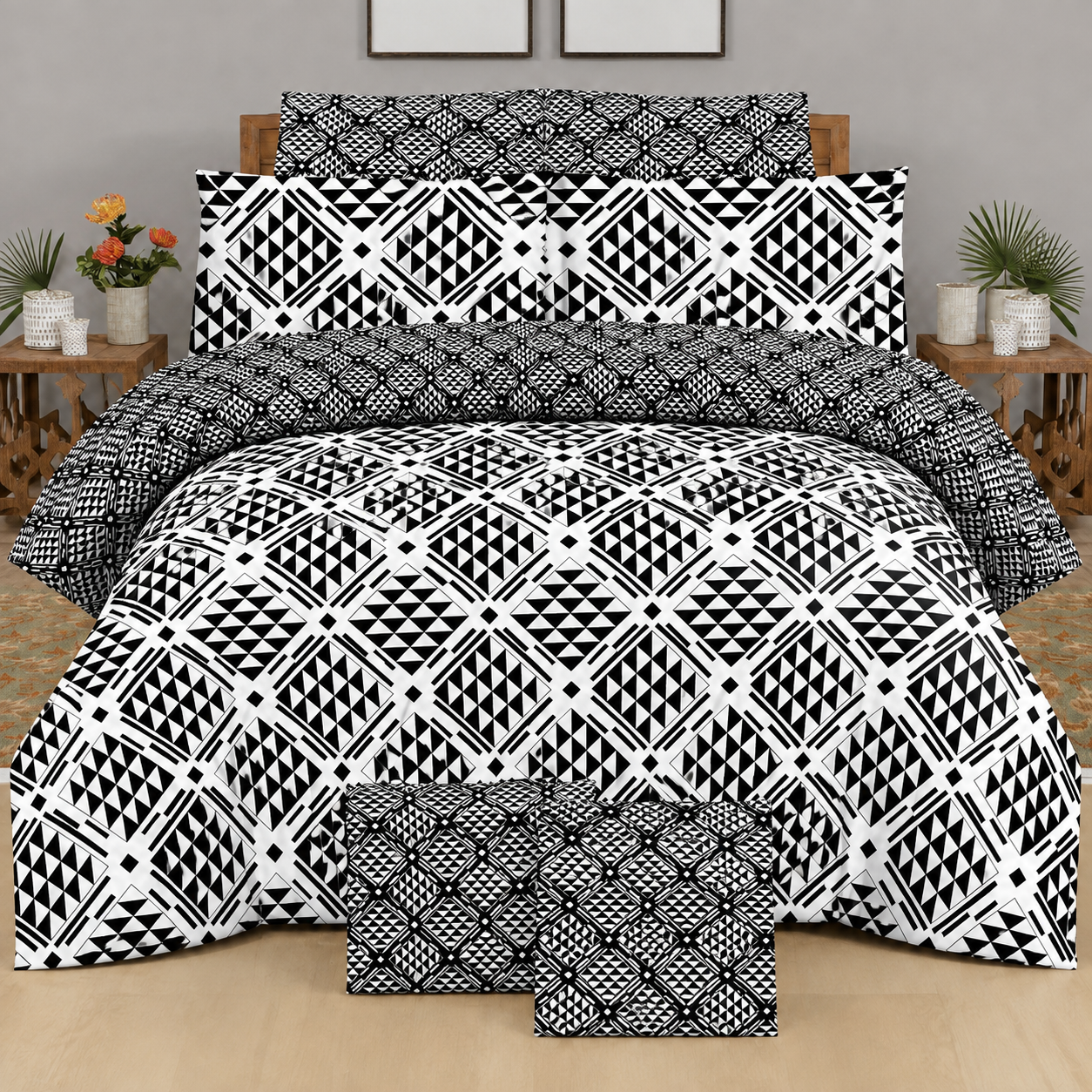 Premium Black & White Printed Bedsheet – Geometric Design Premium Black & White Printed Bedsheet – Geometric Design