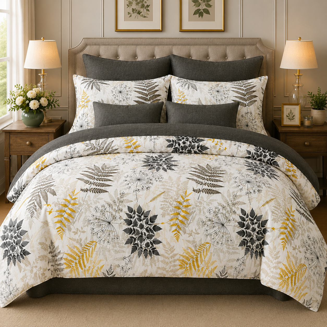 Premium Botanical Printed Bedsheet – Grey & Mustard Premium Botanical Printed Bedsheet – Grey & Mustard