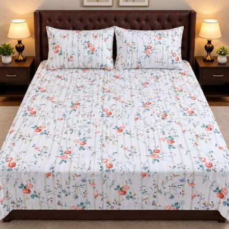 Premium White Floral Vine Printed Bed Sheet Set