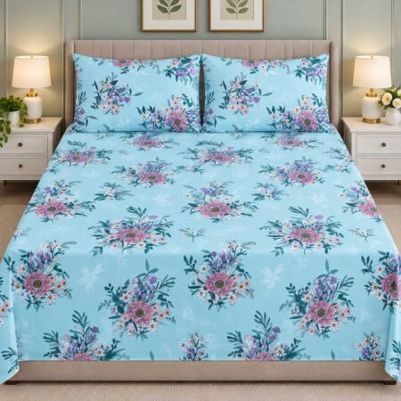 Sky Blue Floral Printed Bed Sheet Set