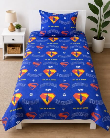 Superman Kids Bed Sheet Set – Blue Printed Cartoon Bedding
